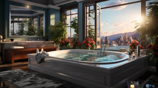 A bathroom with a large jacuzzi tub beside a large window