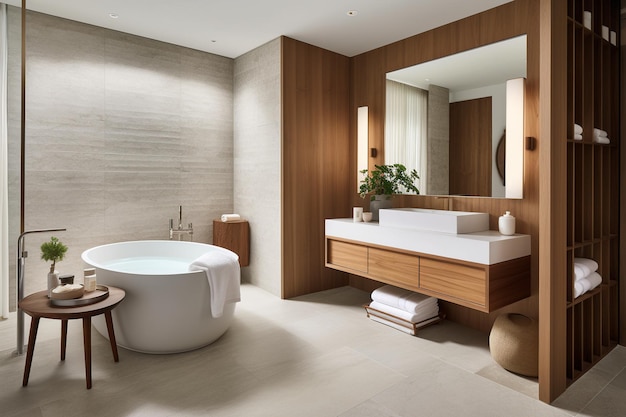 A bathroom with a large mirror and a bathtub in the corner.