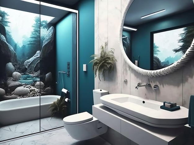 A bathroom with a large mirror and a bathtub with a plant on it.