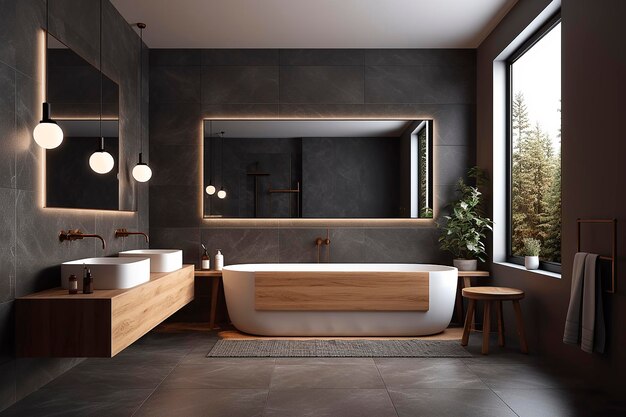 Photo a bathroom with a large mirror above the bathtub.