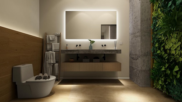 A bathroom with a large mirror and a light on the wall.