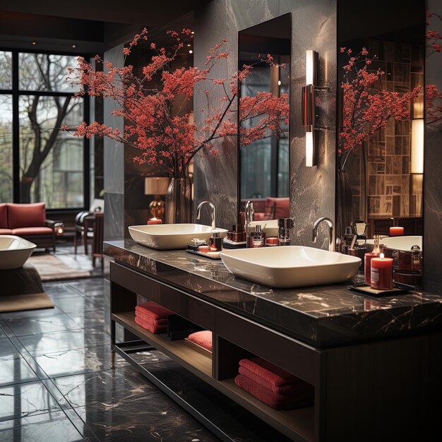 a bathroom with a large mirror and a red tree with red flowers