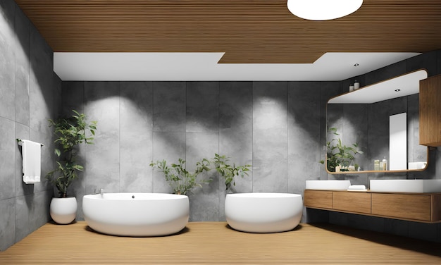 A bathroom with a large mirror and a sink with a plant on it.