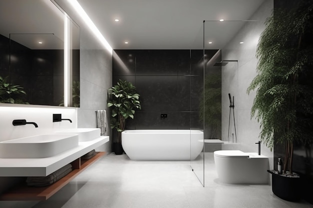 A bathroom with a large plant next to it