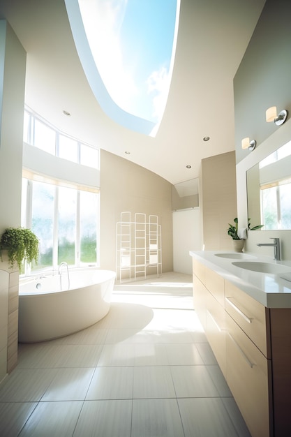 Photo a bathroom with a large skylight above it and a large window with a skylight.