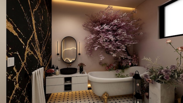 A bathroom with a large tree in front of it