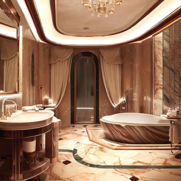 A bathroom with a large tub and a chandelier that says love