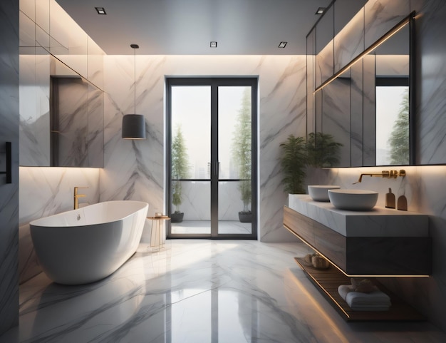 A bathroom with a large tub and a large mirror that says'bathtub '