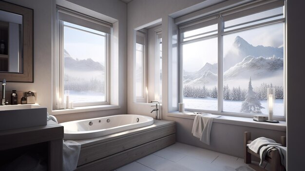 Ванная комната с большой ванной и большим окном. AI-генеративное изображение. Дом в Норвегии.