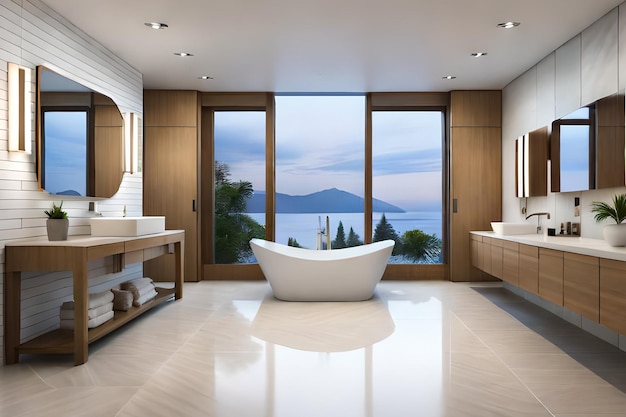 A bathroom with a large tub and a large window with a view of the ocean.