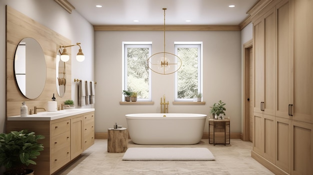A bathroom with a large tub and a light fixture hanging from the ceiling.