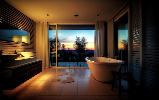 A bathroom with a large tub and a view of the sunset.