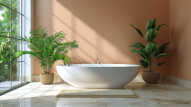 Bathroom With Large White Bathtub and Plant