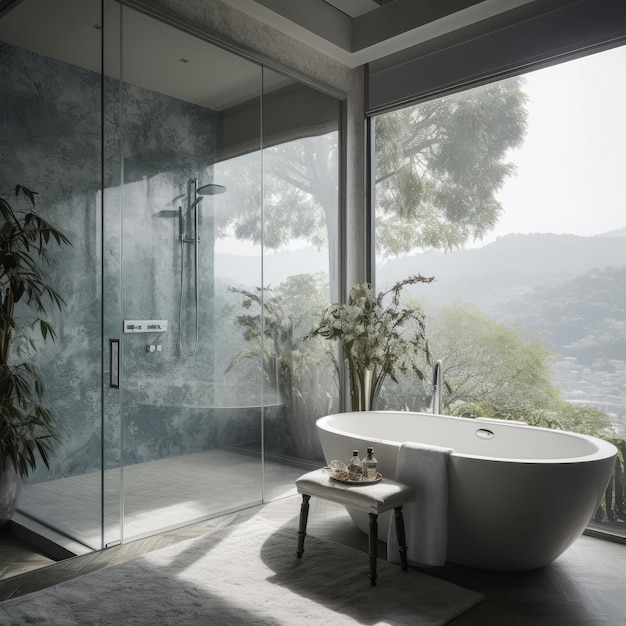 A bathroom with a large window and a bathtub with a view of the mountains.