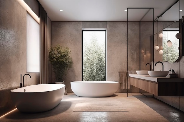 A bathroom with a large window and a bathtub with a white bathtub and a glass door.