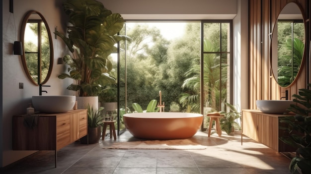 A bathroom with a large window and a copper bathtub.