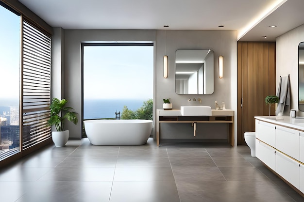A bathroom with a large window and a freestanding tub.