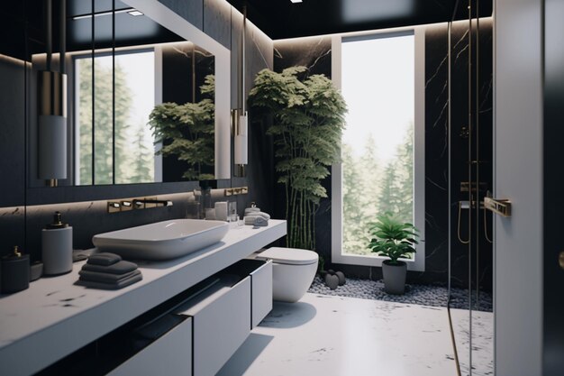 A bathroom with a large window and a large mirror above it.