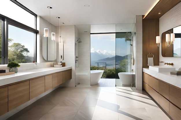 A bathroom with a large window that has a mountain view in the background.