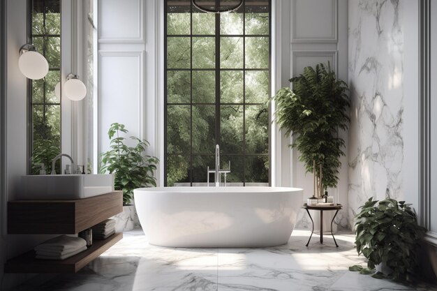 A bathroom with a large window that has a plant on it.