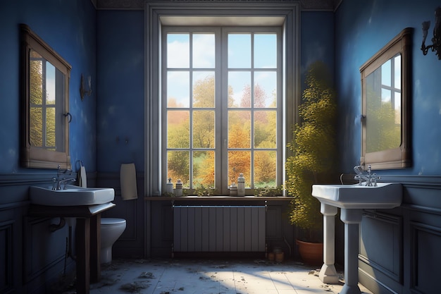 A bathroom with a large window that has a tree in the window.