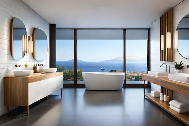 A bathroom with a large window that has a view of the ocean.