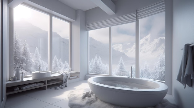 A bathroom with a large window and a tub AI generative image Norway house