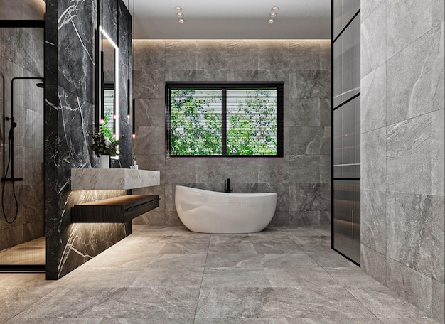 A bathroom with a large window and a white bathtub.