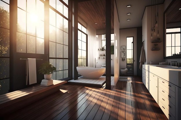 A bathroom with a large window and a white bathtub.