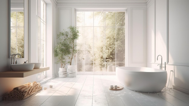 A bathroom with a large window and a white tub.