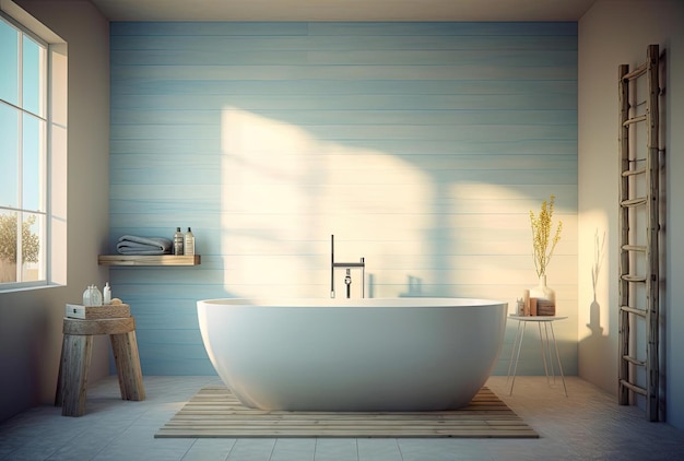 a bathroom with a long tub in the style of light skyblue