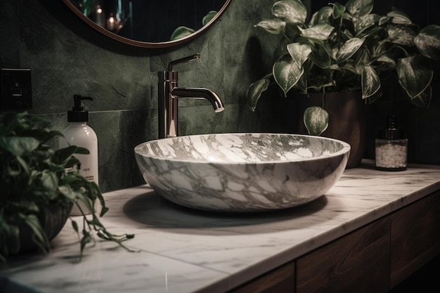 A bathroom with a marble sink and a bottle of soap.