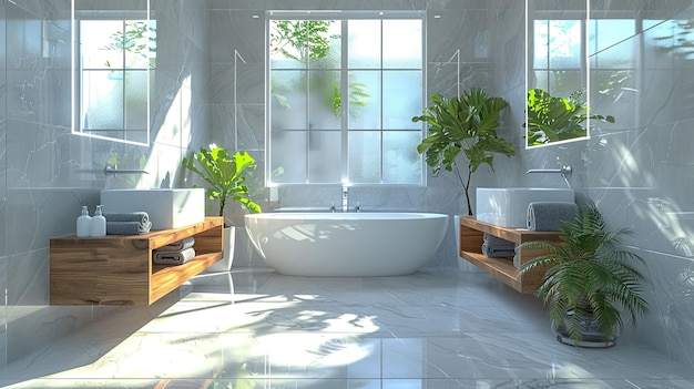 Bathroom with mirror and bathtub in a modern interior style with grey and white colours of ceramic floor tiles