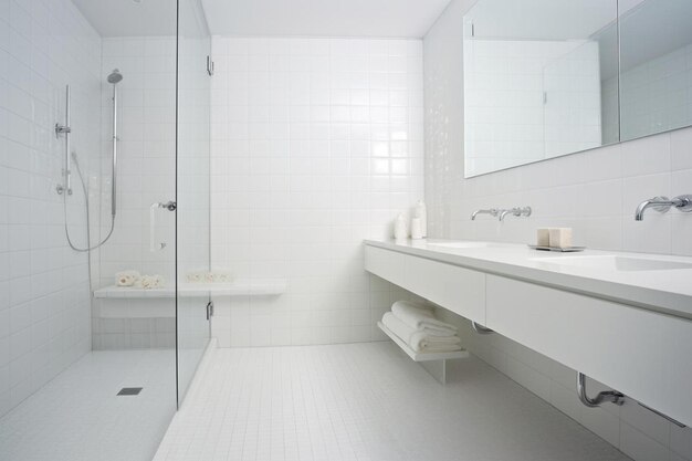 Photo a bathroom with a mirror and a bathtub with a towel rack on the wall.