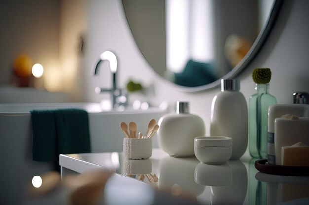 A bathroom with a mirror, a bottle of soap, and a bottle of soap.