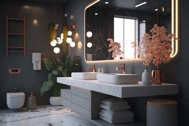 A bathroom with a mirror and a plant in the corner