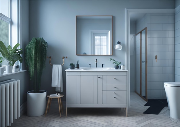 A bathroom with a mirror and a plant next to it.