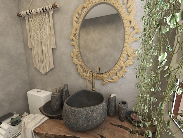 A bathroom with a mirror and a sink with a gold frame.