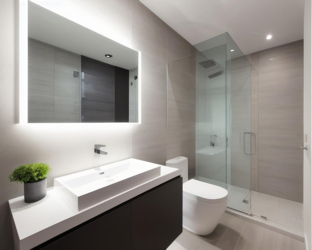 A bathroom with a mirror and a sink with a plant on it.