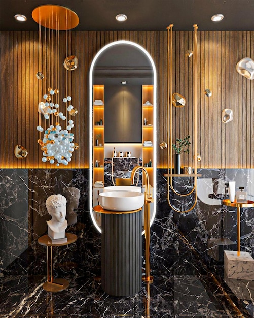 A bathroom with a mirror and a sink with a statue on the wall.