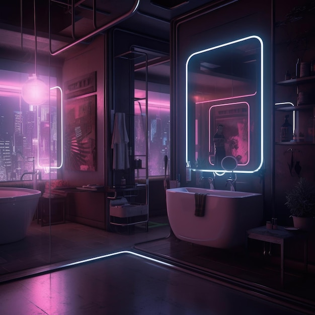 A bathroom with neon lights and a sink with a mirror