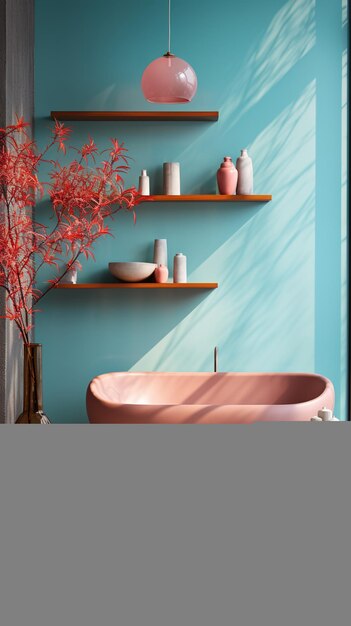 Bathroom with pink bathtub and blue walls