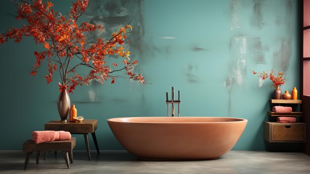 Bathroom with a pink bathtub and a tree with red leaves