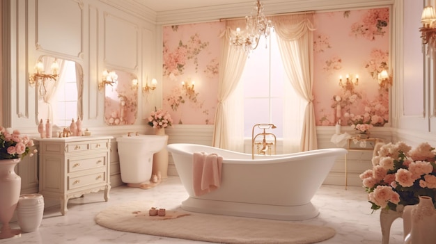 A bathroom with a pink floral wallpaper and a white bathtub.