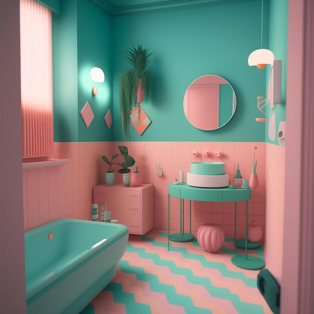 A bathroom with a pink and teal color scheme and a sink with a green plant on it.