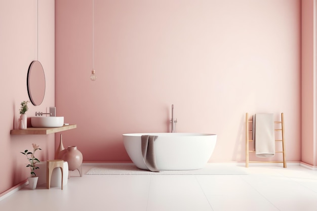 A bathroom with a pink wall and a white bathtub.