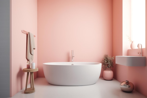 A bathroom with a pink wall and a white bathtub.