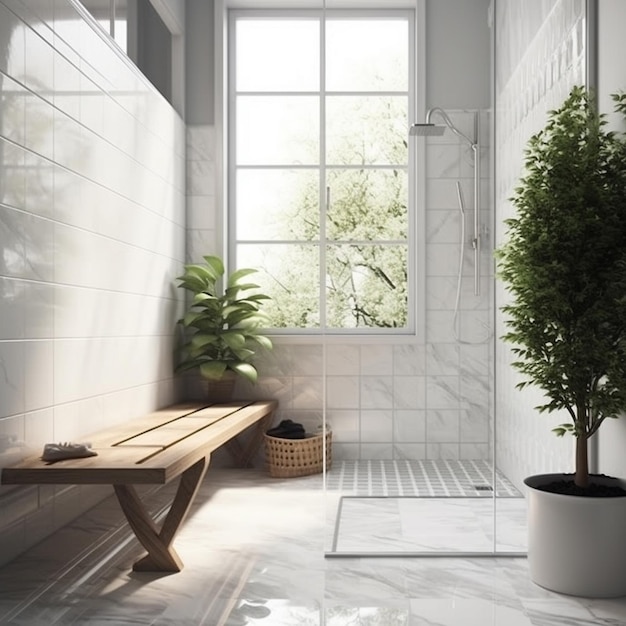 A bathroom with a plant on the floor and a bench.