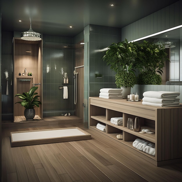 Premium AI Image a bathroom with a plant on the shelf and a plant on