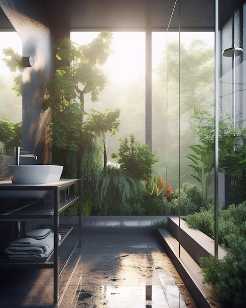 창가에 식물이 있는 욕실